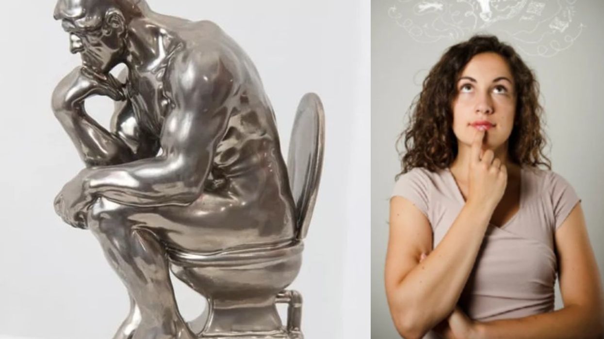 The Thinker statue on a toilet next to a woman with an idea lightbulb