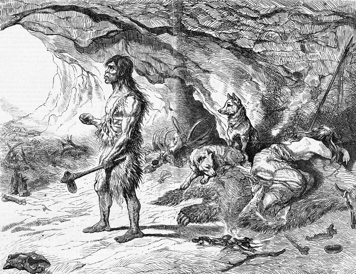 Illustration of Cave Dwellers Outside Their Cave with Dogs | Getty Images