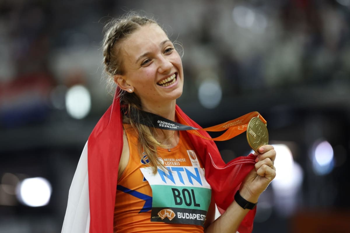 BUDAPEST, HUNGARY - AUGUST 24: Femke Bol of Team Netherlands celebrates winning the Women's 400m Hurdles Final during day six of the World Athletics Championships Budapest 2023 at National Athletics Centre on August 24, 2023 in Budapest, Hungary. (Photo by Patrick Smith/Getty Images)
