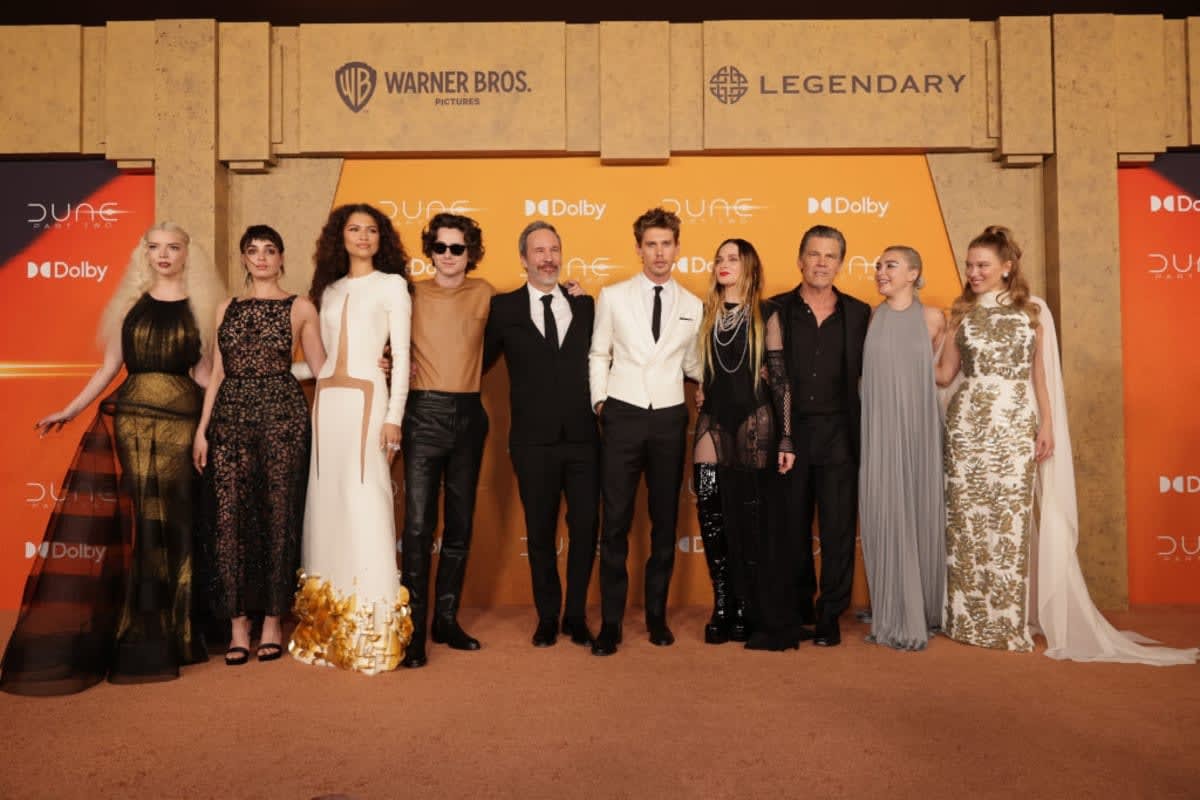 NEW YORK, NEW YORK - FEBRUARY 25: (L-R) Anya Taylor-Joy, Souheila Yacoub, Zendaya, Timothée Chalamet, Denis Villeneuve, Austin Butler, Rebecca Ferguson, Josh Brolin, Florence Pugh, and Léa Seydoux seen at the New York Premiere of Warner Bros.