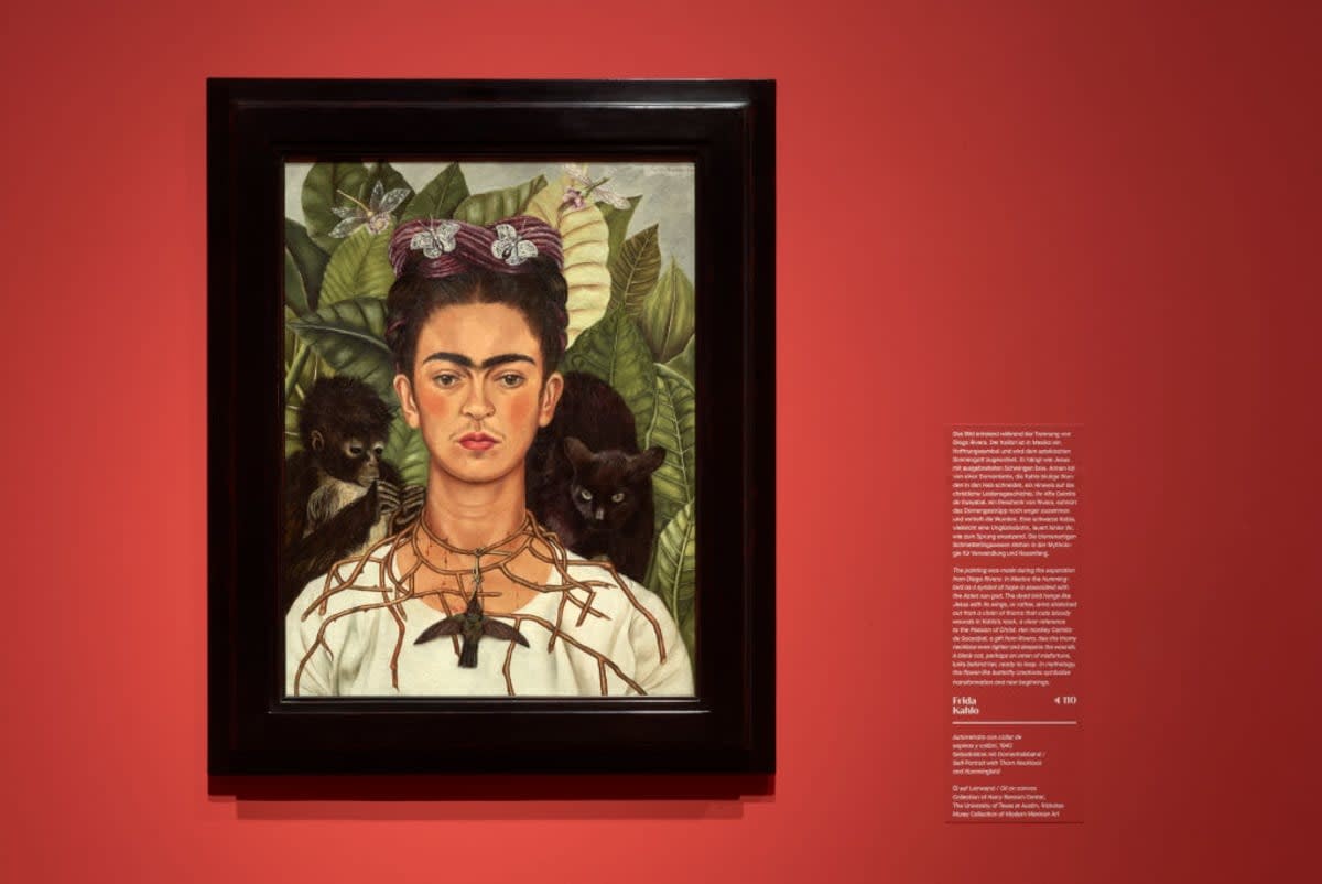 FRANKFURT AM MAIN, GERMANY - FEBRUARY 12: A view in the exhibition with artwork of Frida Kahlo, Self-Portrait with Thorn Necklace and Hummingbird, seen at the press preview of the exhibition