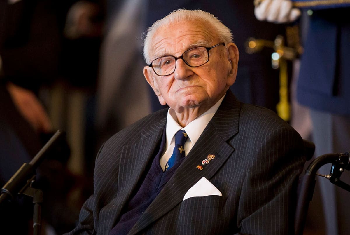 Image source: Sir Nicholas Winton while receiving the Order of White Lion, the highest order of the Czech Republic. 105-year-old Winton saved 669 mostly Jewish children by organizing their escape to Great Britain (Photo by Matej Divizna/Getty Images)