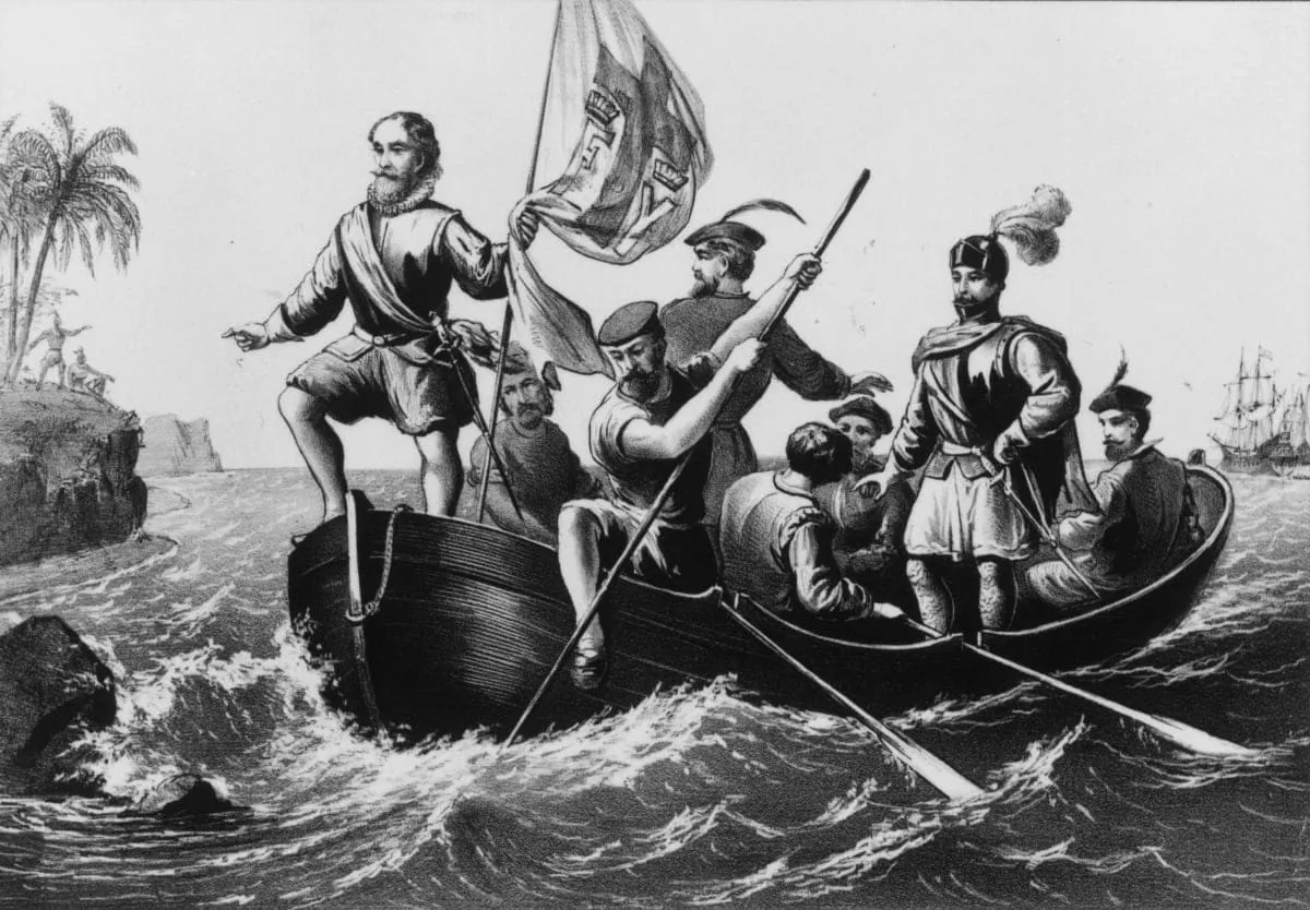 12th October 1492, Italian-Spanish navigator Christopher Columbus (1451 - 1506) lands at San Salvador. Original Artwork: Printed by Currier & Ives (Photo by MPI/Getty Images)