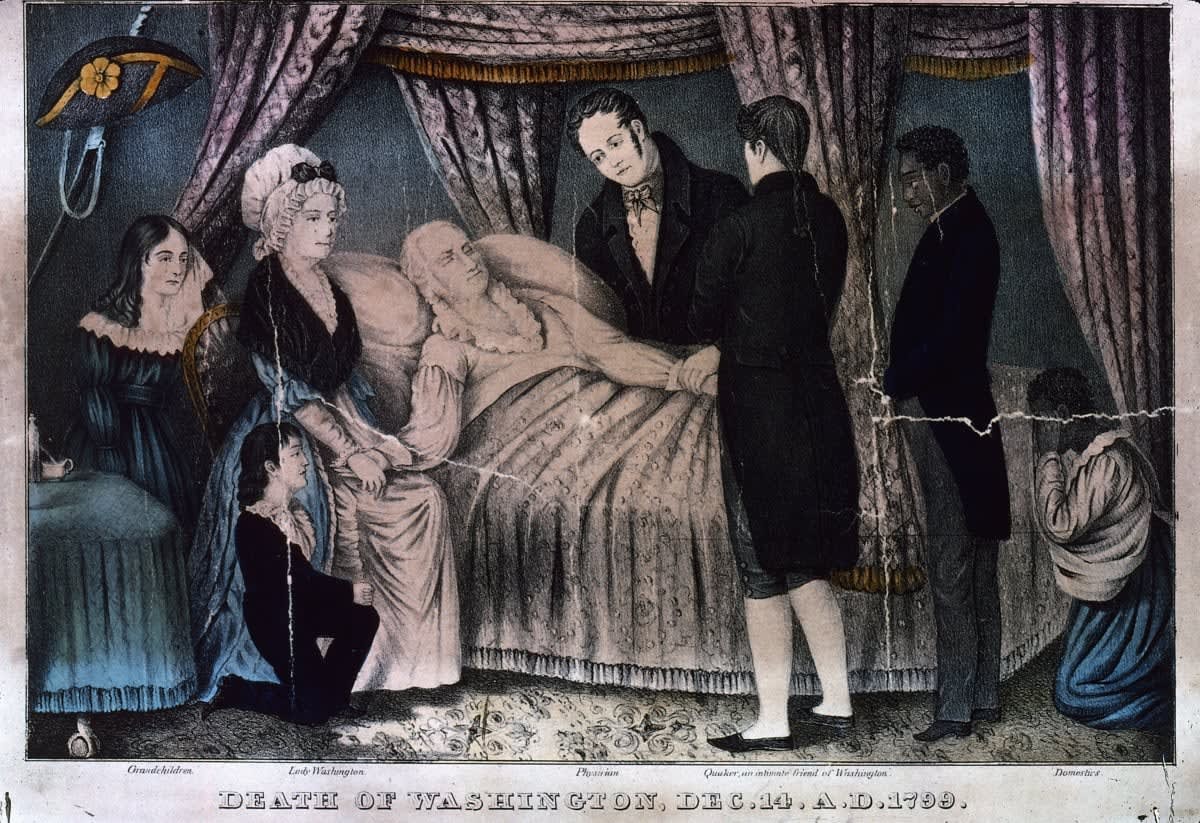 Image Source: The 1st President of the United States, George Washington (1732 - 1799) on his deathbed surrounded by family, his wife, commonly known as Lady Washington (born Martha Custis, 1731 - 1802), friend and domestics. (Photo by MPI/Getty Images)