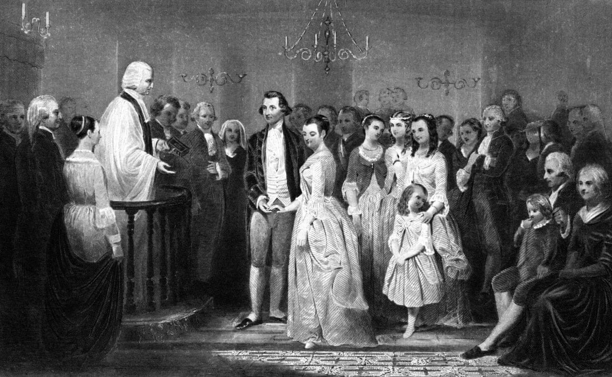 Image Source: An engraving depicting the wedding of George Washington to Martha Dandridge in 1759, a crowd watches their wedding in a church, Washington, DC, 1759. From the New York Public Library. (Photo by Smith Collection/Gado/Getty Images).