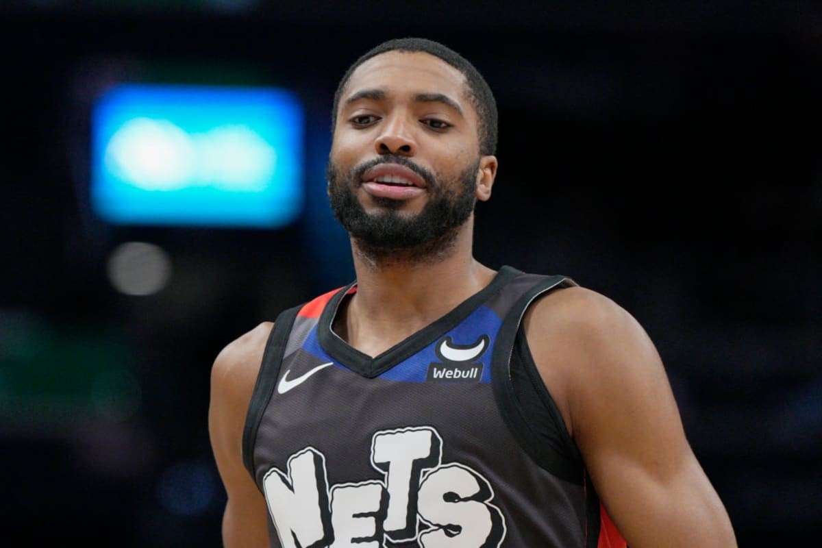 Mikal Bridges #1 of the Brooklyn Nets looks on during the first half against the Washington Wizards at Capital One Arena on March 27, 2024 in Washington, DC. (Photo by Jess Rapfogel/Getty Images)