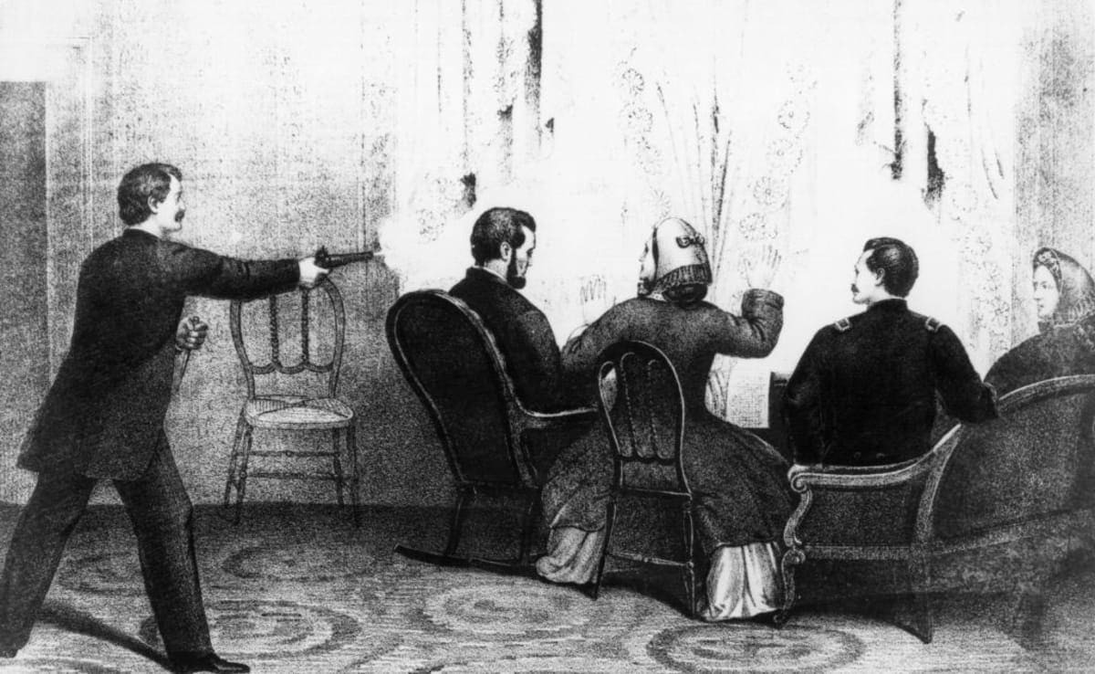 Image source: The assassination of Abraham Lincoln (1809 - 1865) the 16th President of the United States of America who was shot by John Wilkes Booth. To the right of Lincoln are his wife, Mary Todd Lincoln, Major Rathburn and Miss Harris. Original Publication: From a lithograph by Kellogg. (Photo by Hulton Archive/Getty Images)