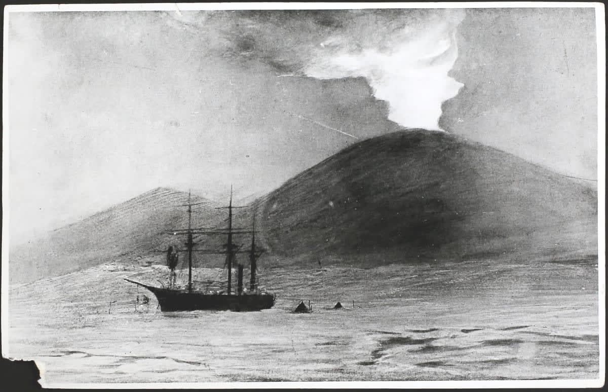Image Source: A sketch of Robert Falcon Scott's ship 'Discovery' moored at the foot of Mount Erebus in McMurdo Strait, while the volcano sends up a plume of smoke. (Photo by Hulton Archive/Getty Images)