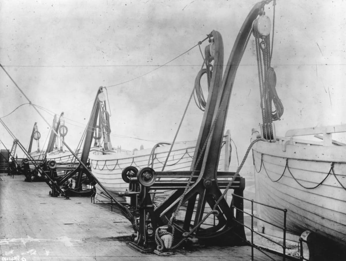 Image source: Lifeboats on board the SS Titanic. When the liner sank in the Atlantic after hitting an iceberg there were only enough lifeboats on board to hold a third of the passengers and crew. (Photo by Hulton Archive/Getty Images)