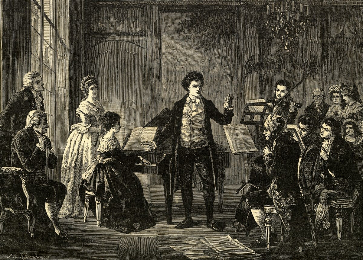 Image Source: German composer Ludwig van Beethoven conducting one of his three 'Rasumowsky' string quartets, circa 1810. Woodcut by German artist Richard Brend'amour (1831-1915).