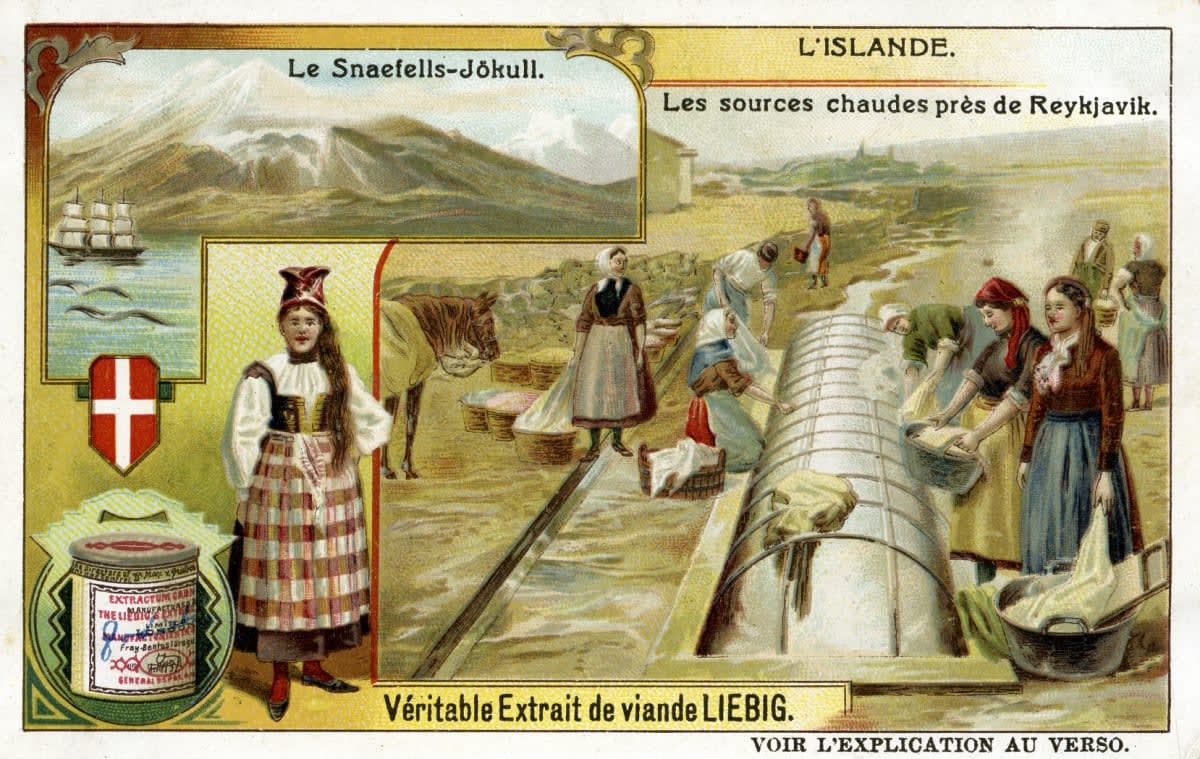 Image Source: Iceland: Hot springs near Reykjavík and Snæfellsjökull (above). Illustration of 1911. Women washing clothes in the spring water. Liebig Collectible Card. (Photo by Culture Club/Getty Images)