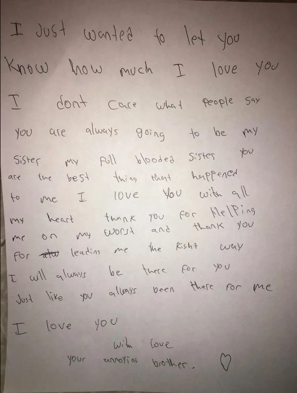 Letter with love from her brother.