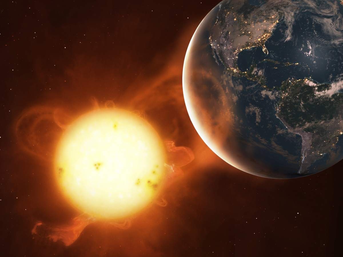 Image Source: Illustration of a coronal mass ejection impacting the Earth's atmosphere. These events, CMEs for short, are powerful releases of solar-charged particles (plasma) and magnetic fields, traveling on the solar wind. (Getty Images)