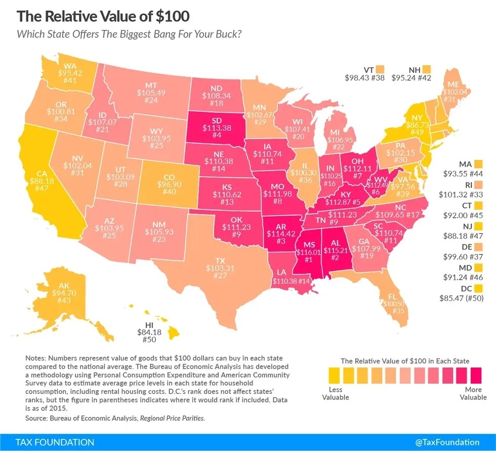 Map showing the value of $100 in each state.