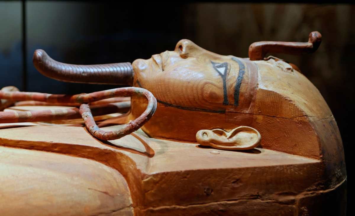 Image Source:The wooden coffin of Pharaoh Ramses II, Grande Halle of La Villette on April 06, 2023 in Paris, France.  (Photo by Chesnot/Getty Images)