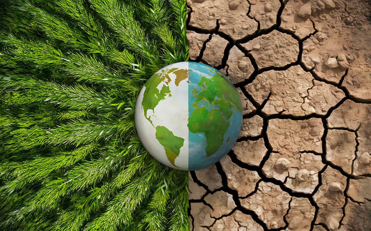Representative Image Source: A conceptual image of Earth with one half showing lush greenery and the other half showing dry, cracked soil, representing environmental contrast. (Getty Images)