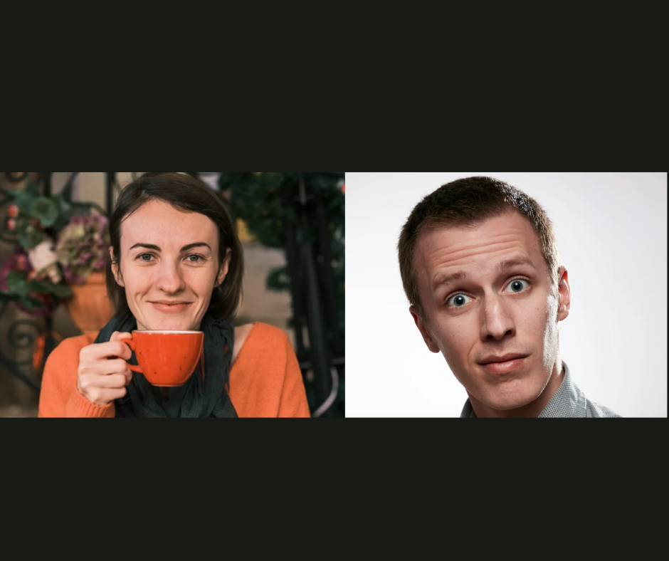 A woman drinks tea next to a surprised man