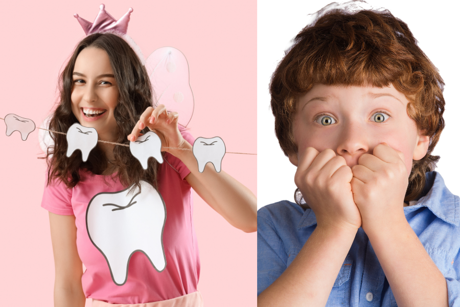 A person in a Tooth Fairy costume and a frightened child