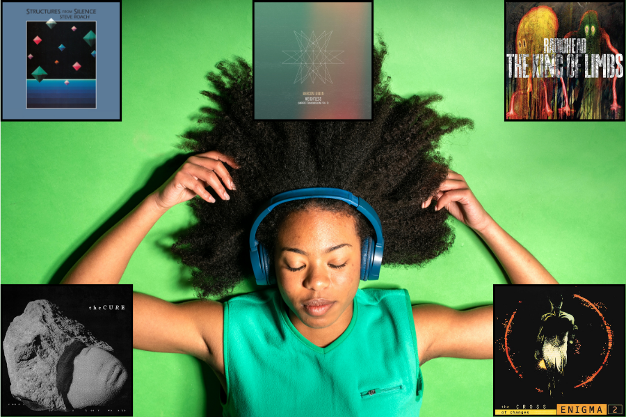 A person listens to music on headphones with their eyes closed, with album covers superimposed on top