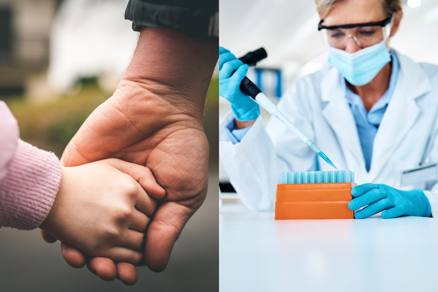 A photo of a parent's hand holding a child's hand, a photo of a scientist in a lab