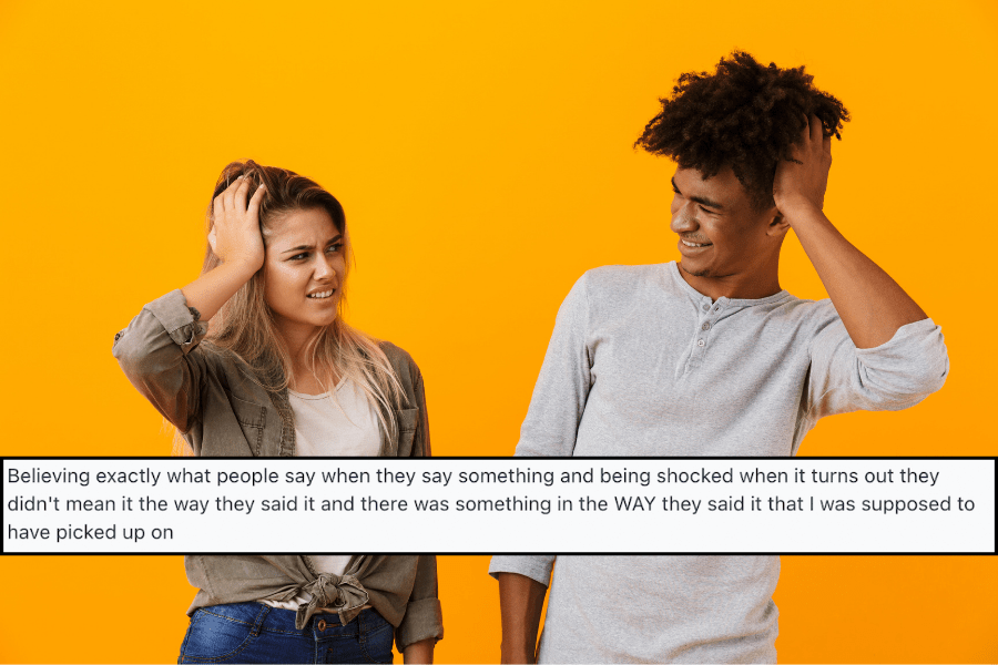 A photo of two people look at each other confused, with a Reddit comment pasted on top