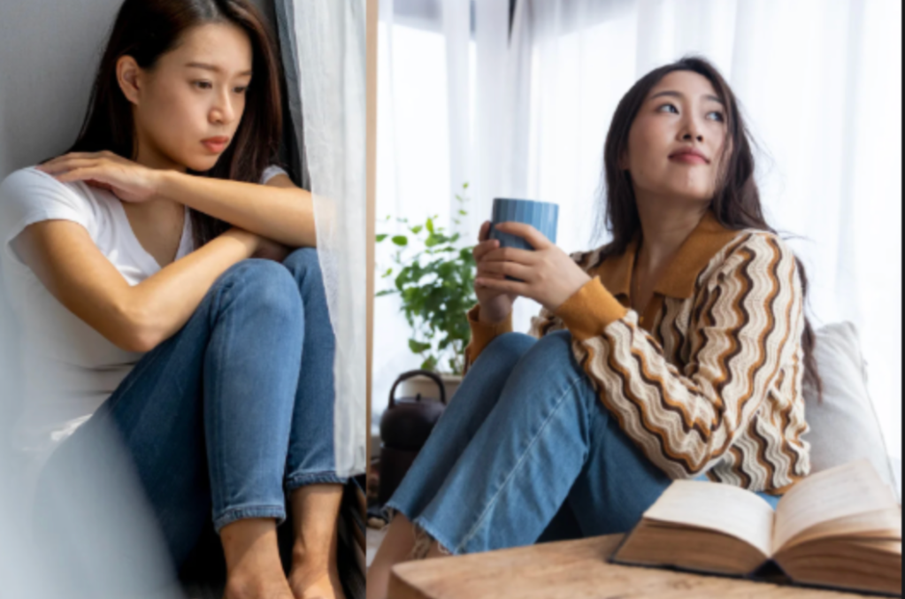 A woman depressed and alone, next to an image of a woman sipping coffee by herself
