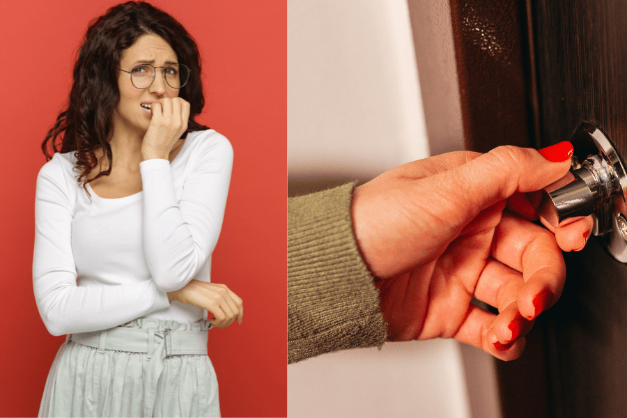 A worried person biting their nails and a hand locking a door