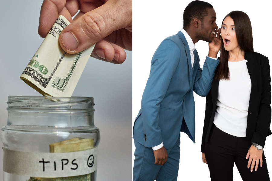 A hand putting money into a tip jar and two office workers sharing a secret