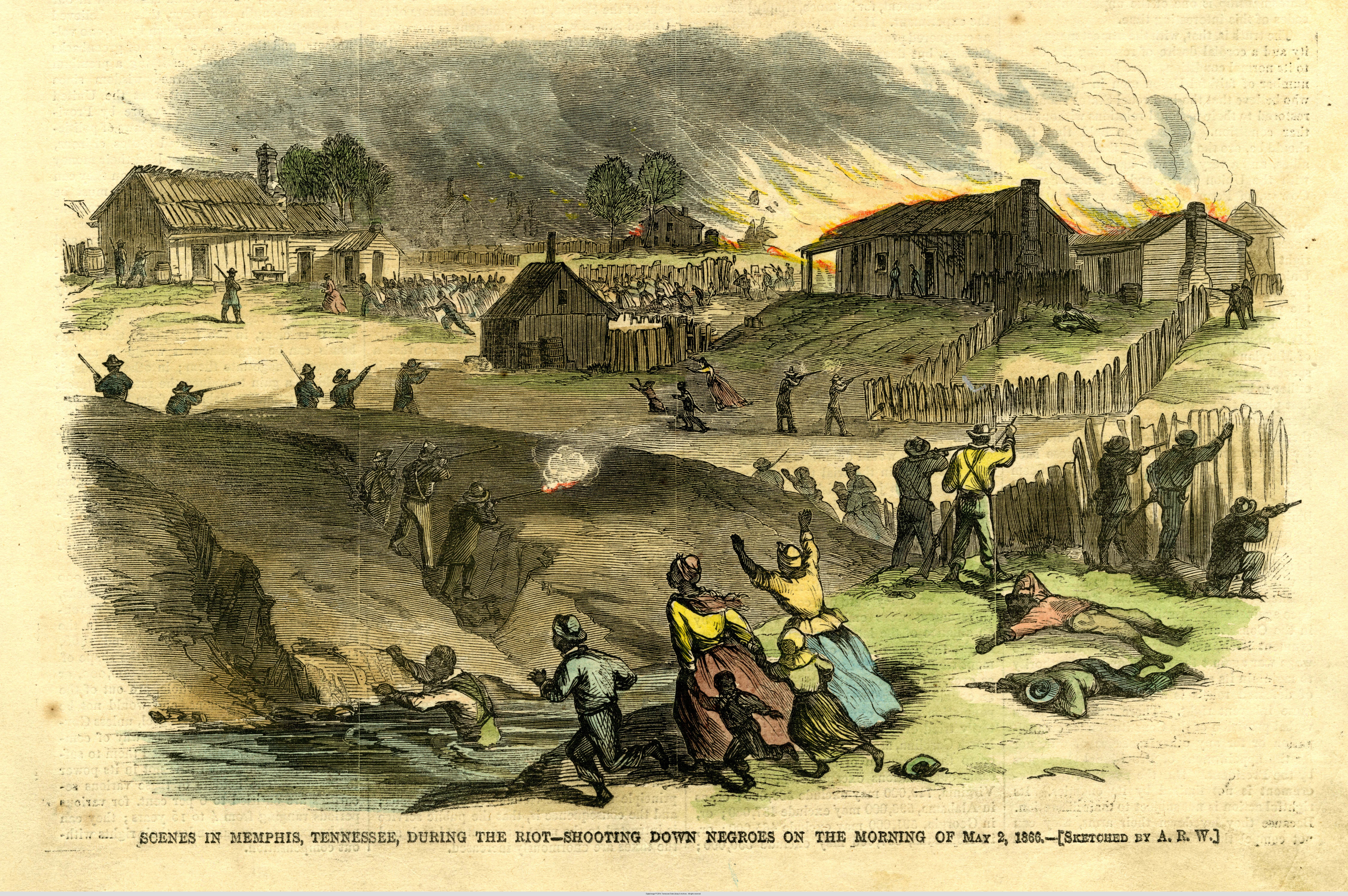 illustration of racists attacking Black Memphians in the 1860s