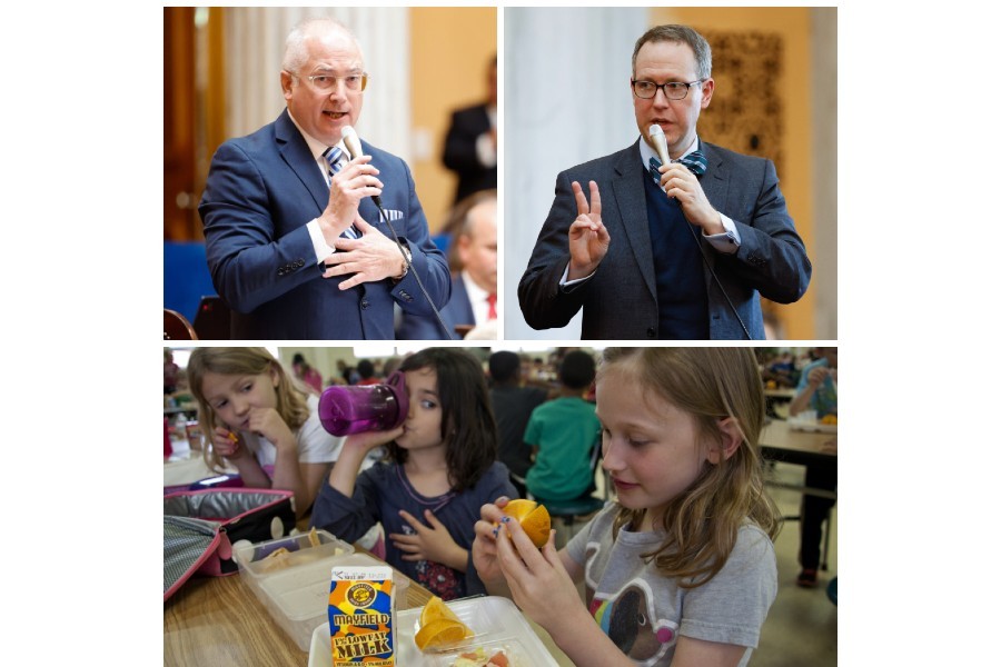 Senators with image of school kids eating lunch.