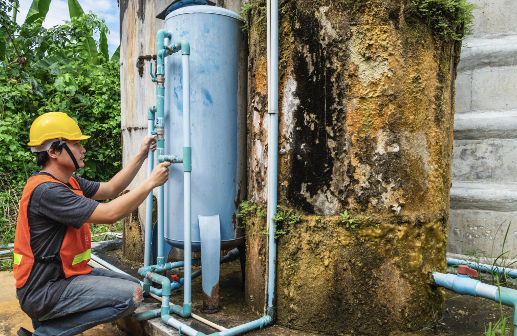 Man fixing a water filter outside