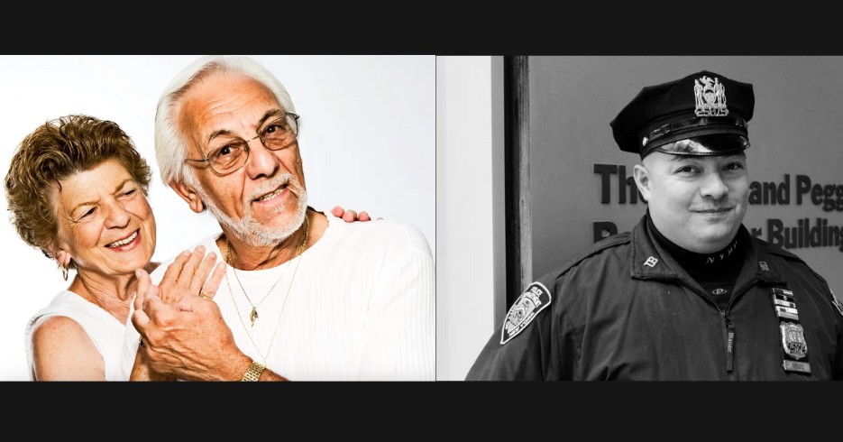 Elderly couple and a police officer in uniform