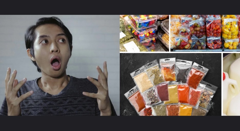 A frustrated woman looks at single use plastic items