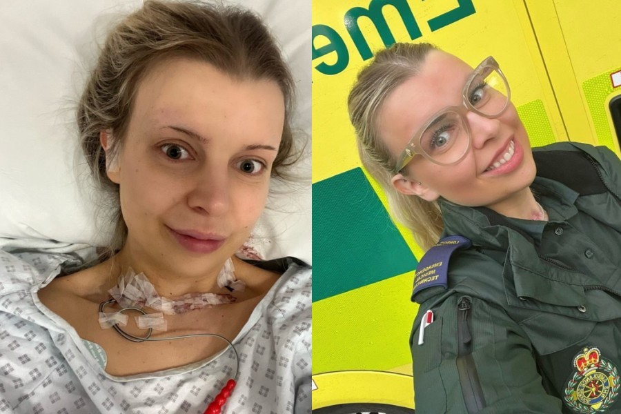 Katherine Murrell during and after her cancer treatment.