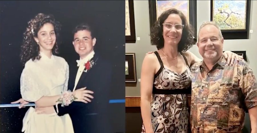 Moyer and Hershey at prom and again 35 years later.