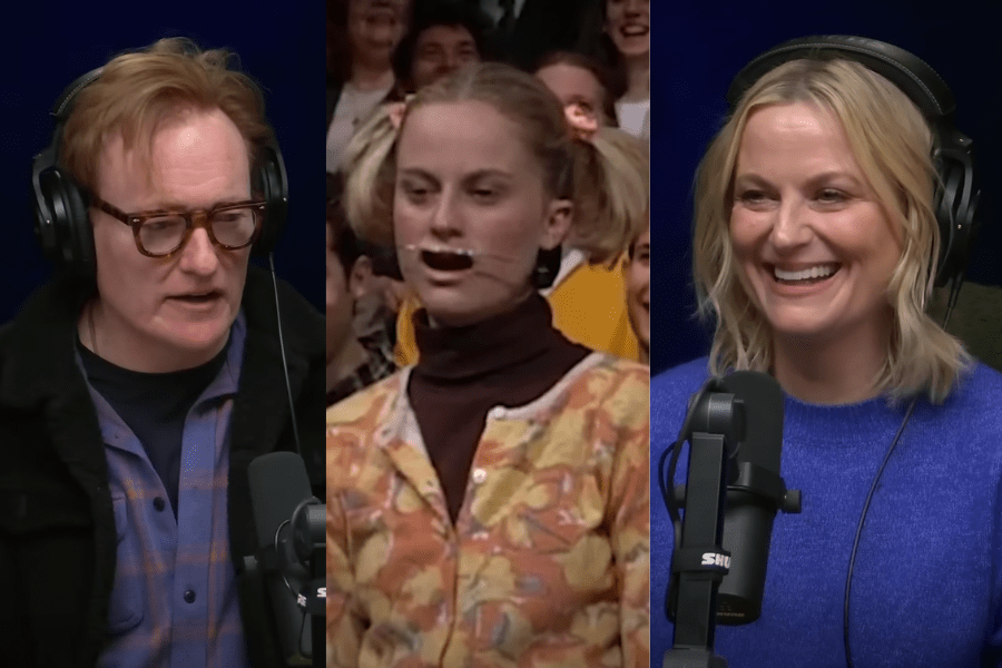 Photos of Conan O'Brien, Amy Poehler playing Stacy in a '90s 'Late Night' sketch, and Amy Poehler in 2025