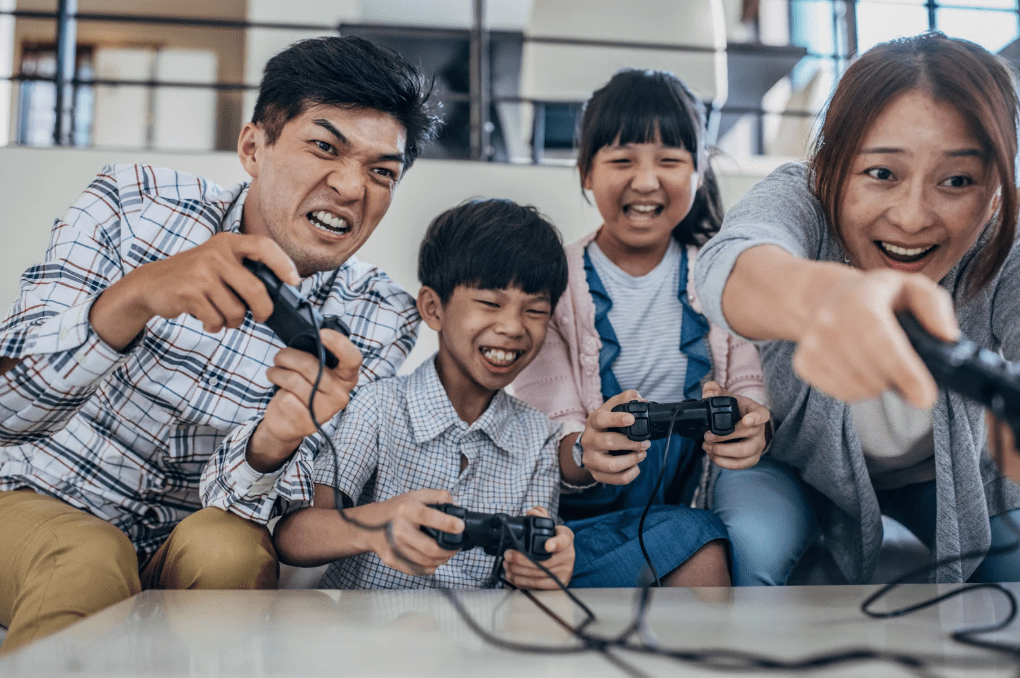 family playing video games
