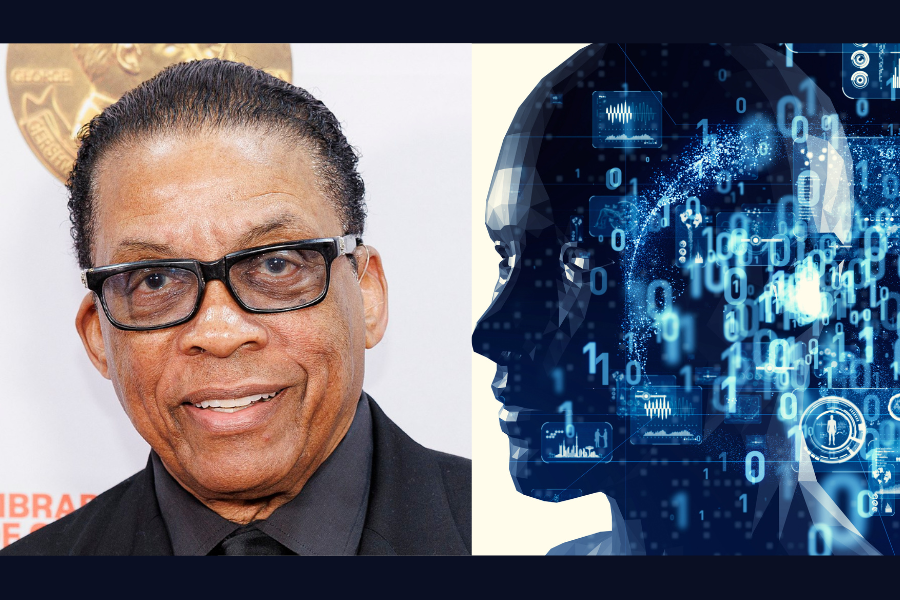 Photos of Herbie Hancock and a futuristic AI humanoid