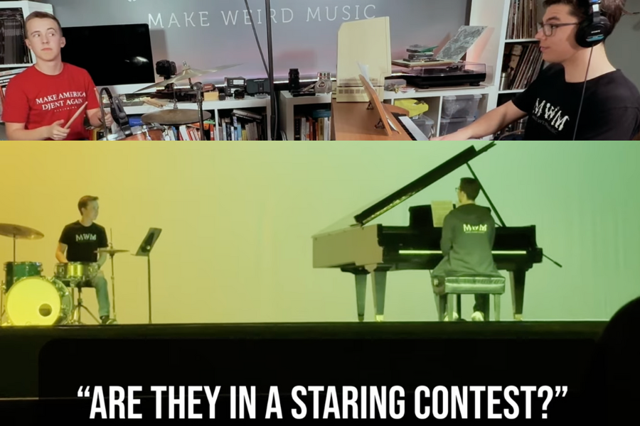 Photos of two teenage musicians playing piano and drums