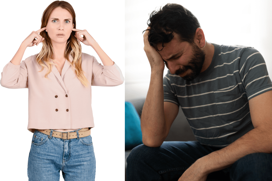 A photo of a woman with her fingers in her ears and a photo of a man crying