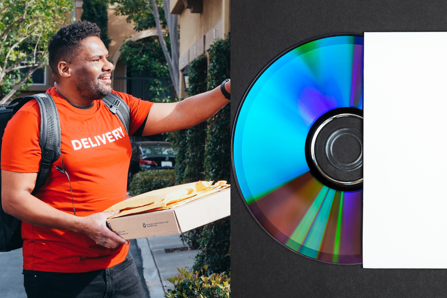 Photos of a food delivery worker and a blank CD