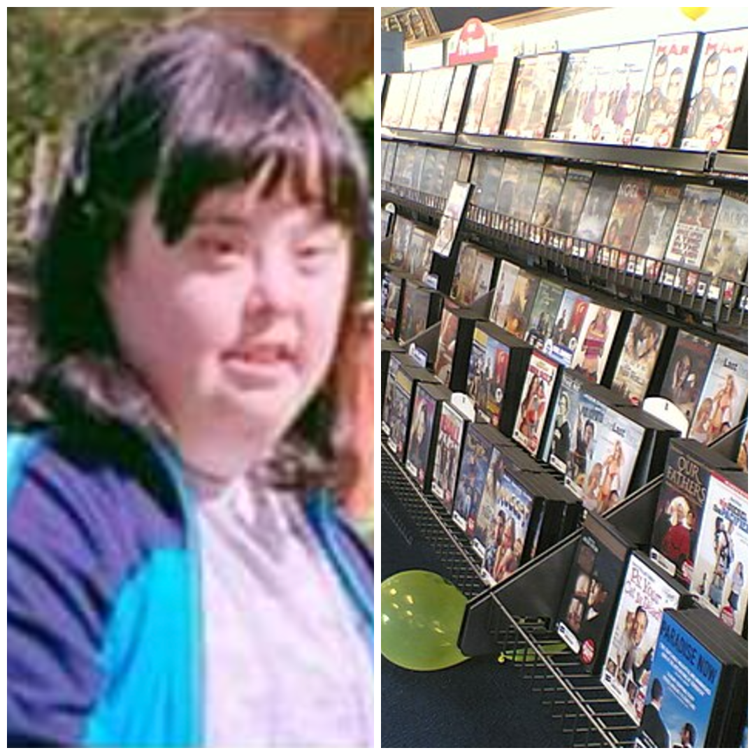 Christina Cavanaugh next to video store wall