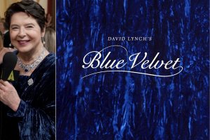 A split photo of Isabella Rossellini talking to a reporter on the Oscars red carpet and the cover of David Lynch's 'Blue Velvet'