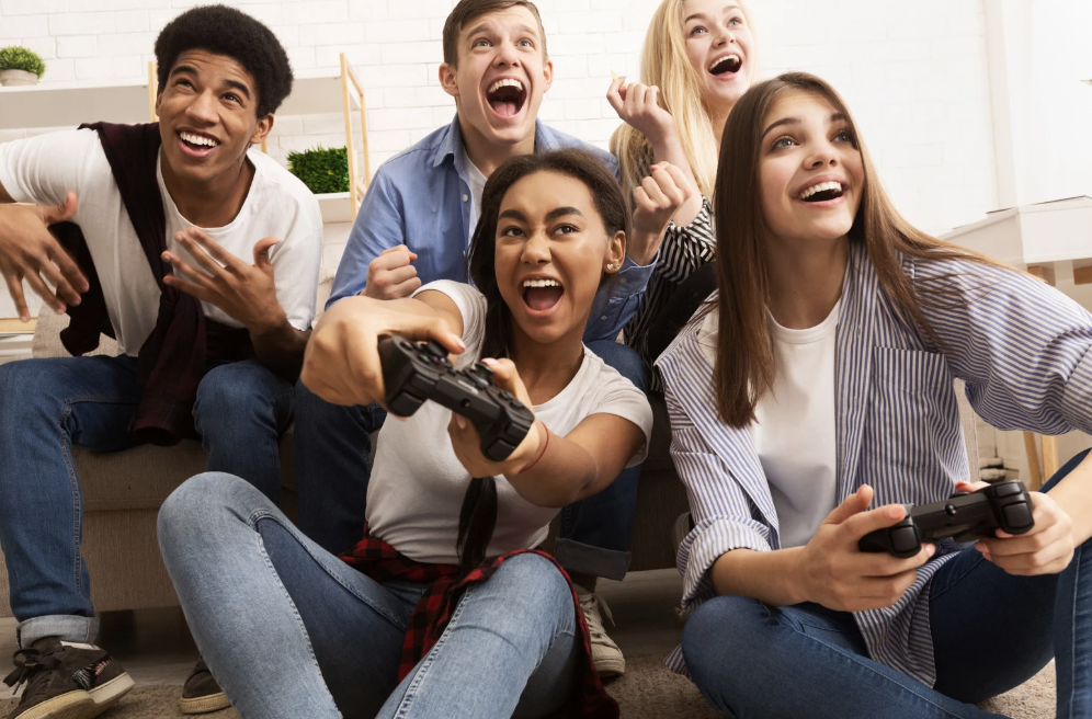 people playing a video game together