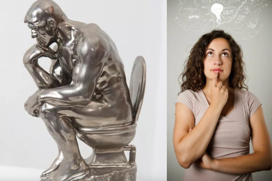 The Thinker statue on a toilet next to a woman with an idea lightbulb