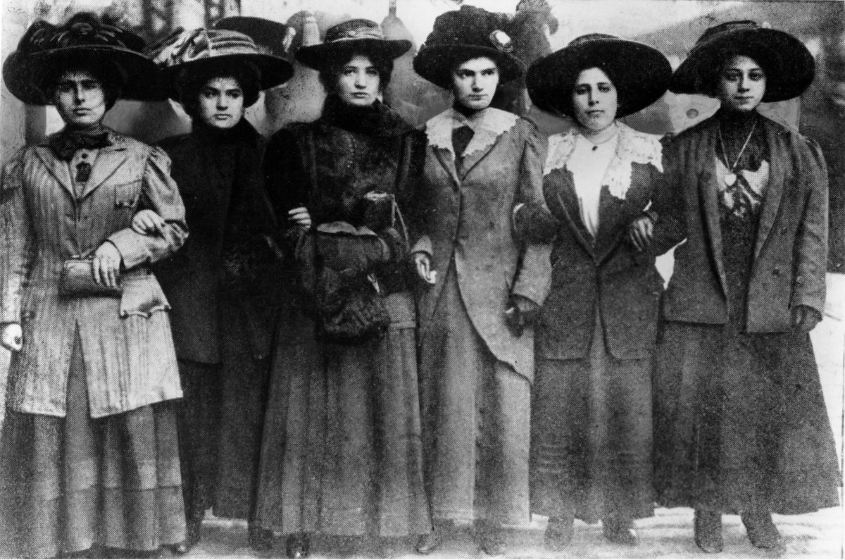 black and white photo of six 19th century women 