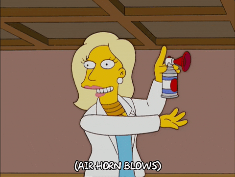 gif of animated woman blowing an air horn
