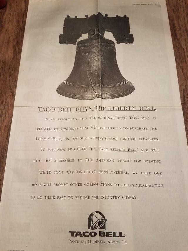 newspaper, ad, announcement, Taco Bell, Liberty Bell, april fools prank