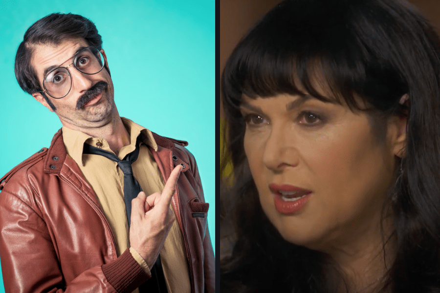 A man making a goofy face and Heart's Ann Wilson