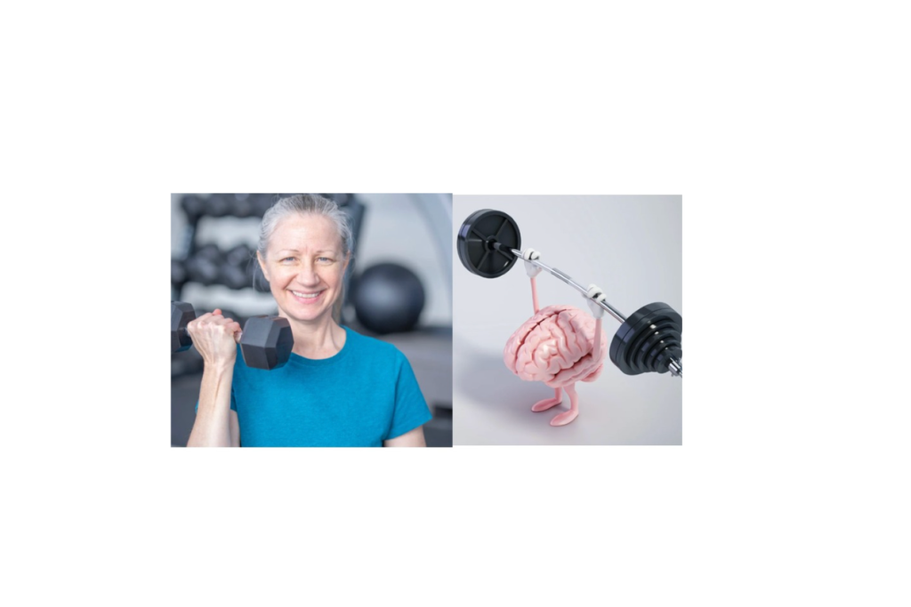 Older woman lifting weights/brain lifting weights